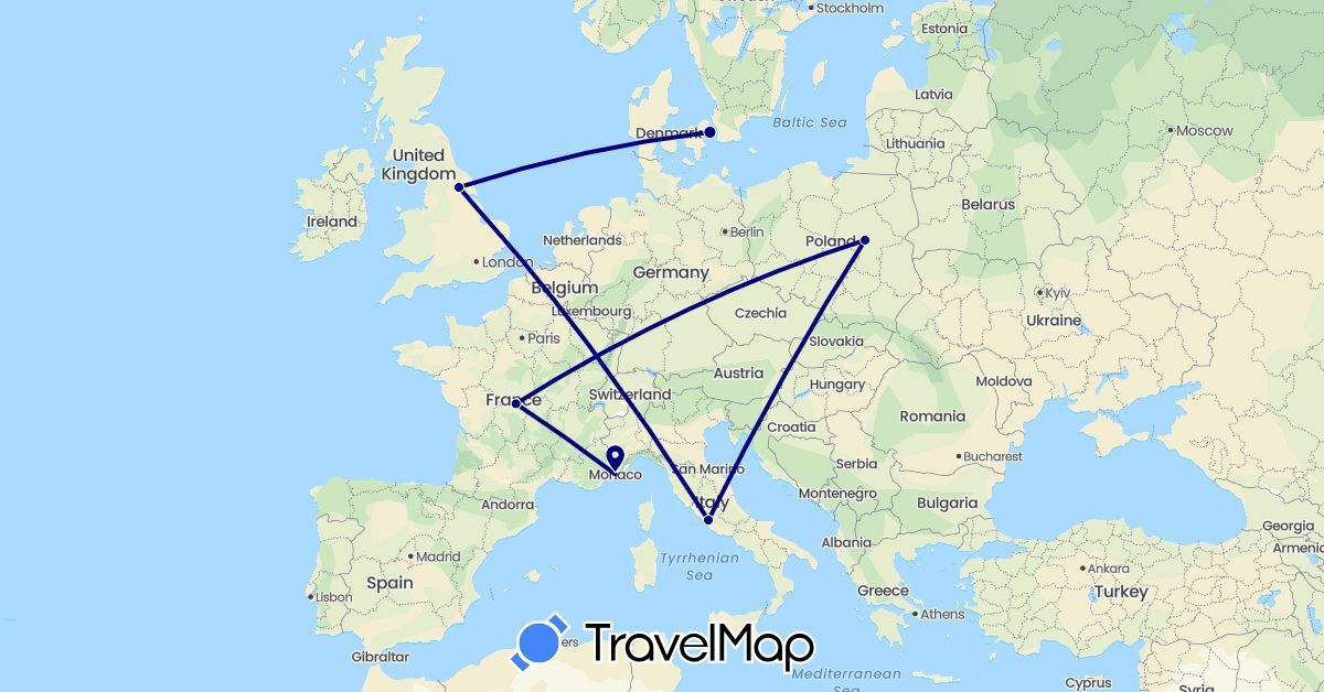 TravelMap itinerary: driving in Denmark, France, United Kingdom, Italy, Monaco, Poland (Europe)